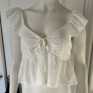 Elegant White Eyelet Blouse with Ruffle Sleeves